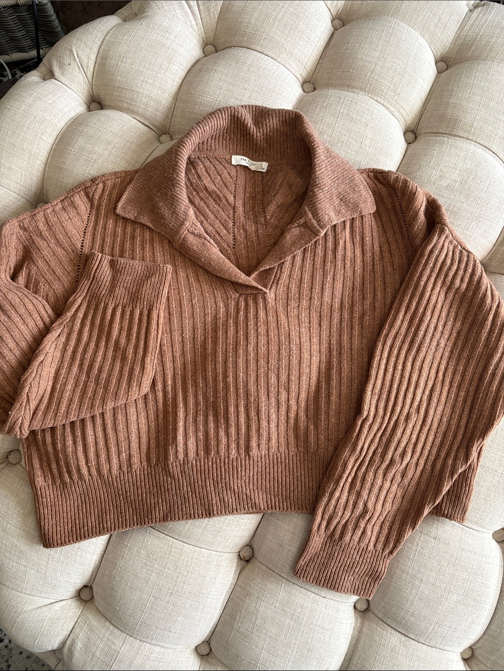 rag & bone Ribbed V-Neck Collared Sweater - Brown